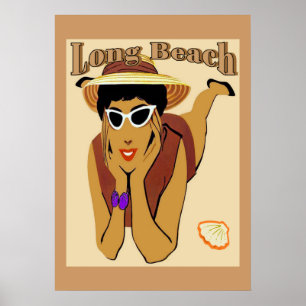 Pôster Long Beach, senhora na praia