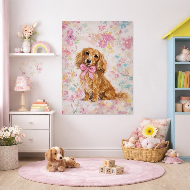 Poster Long Hair Dachshund Watercolor Pastel Floral  (Long Hair Dachshund Watercolor Pastel Floral Poster)