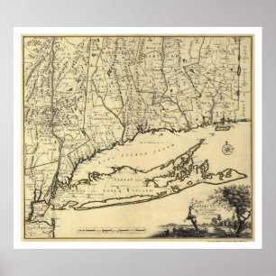 Poster Long Island e mapa 1780 de Connecticut