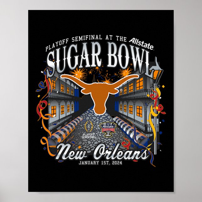Poster Longhorns Sugar Bowl 2024 Cfp Semi Futebol Nola (Frente)