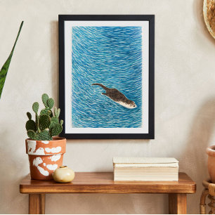 Poster Lontra Brincalhona Nadando na Água Azul
