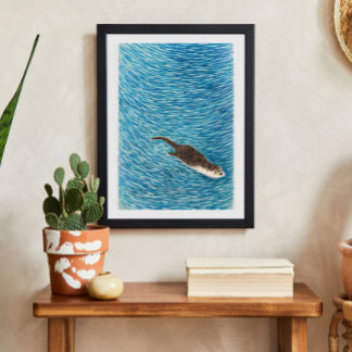 Poster Lontra Brincalhona Nadando na Água Azul