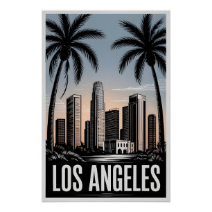 Pôster Los Angeles Califórnia Xilogravura Preto e Branco