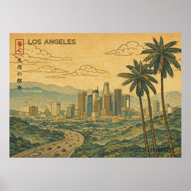 Poster Los Angeles Skyline in Japanese Ukiyo-e (Frente)