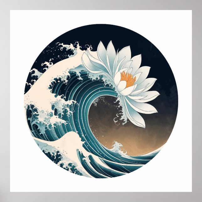 Poster Lotus Branco e Onda Oceânica - Elegância em movime (Frente)