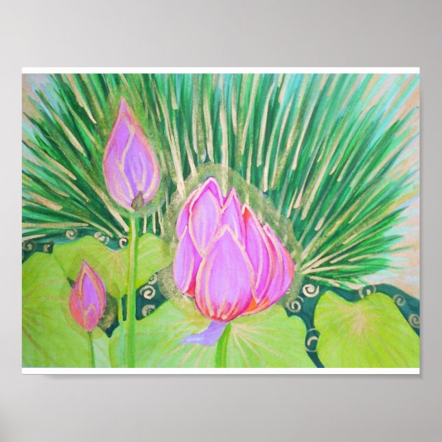 Pôster Lotus de Aquarela com Destaques Dourados (Frente)