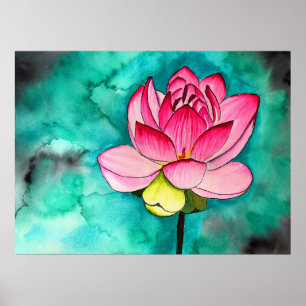 Poster Lótus de flor rosa arte fina aquarela