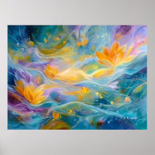 Poster Lótus Dourado Abstrato Flores Flutuantes