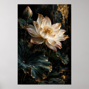 Poster Lótus Flor de Rosa com Acentos Dourados Botânico