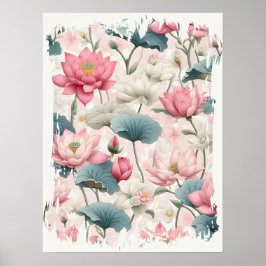 Poster Lotus Romântico em Rosa, Creme e Verde Suave
