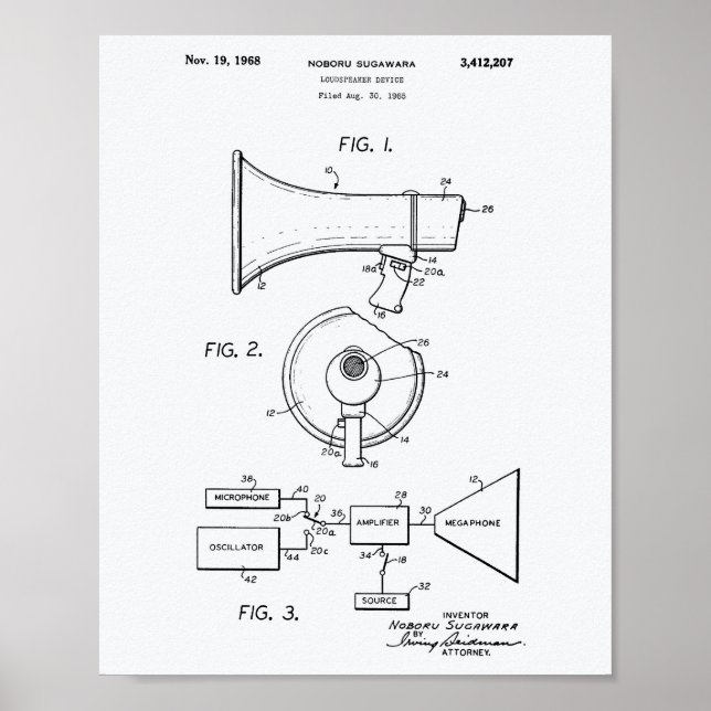 Pôster Loudspeaker 1968 Documento Branco sobre as Patente (Frente)