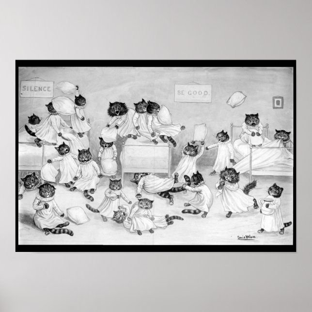 Poster Louis Wain Cat Art Seja Boa Luta travesseiro (Frente)