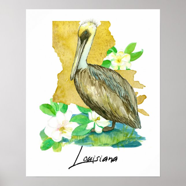 Poster Louisiana Pelican State Shape Magnolia Flower (Frente)