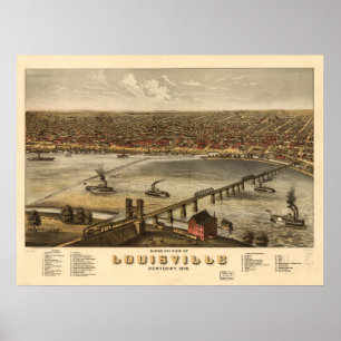 Poster Louisville Kentucky 1876 mapas panorâmicos