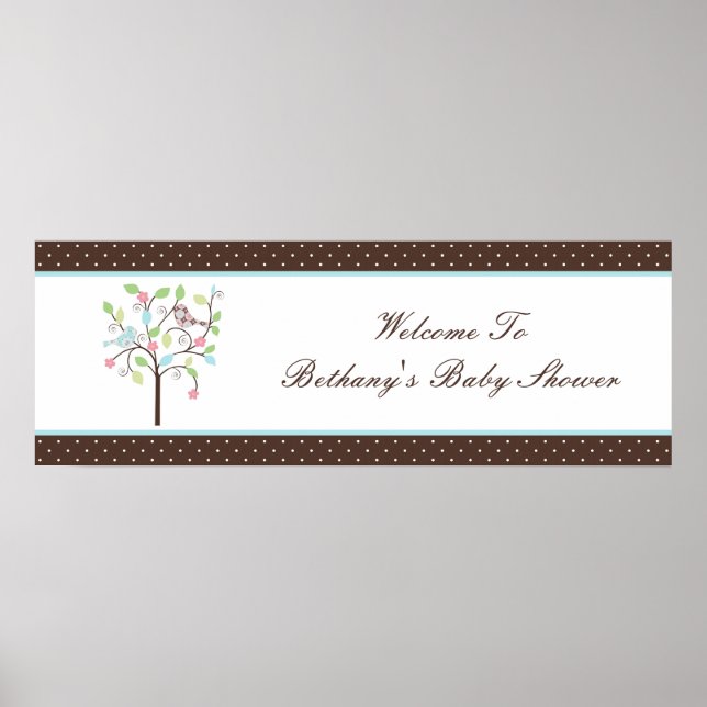 Pôster Love Bird Tree Polka Dots Baby Shower Banner (Frente)