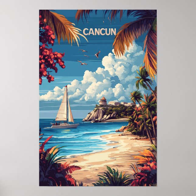 Poster Love Cancun Mexico Art Vintage Illustration Viagem (Frente)