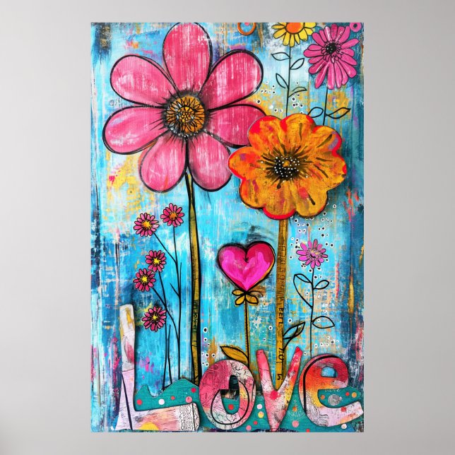 Poster *~* LOVE Doodle – Colorful Whimsical Flower Art  (Frente)