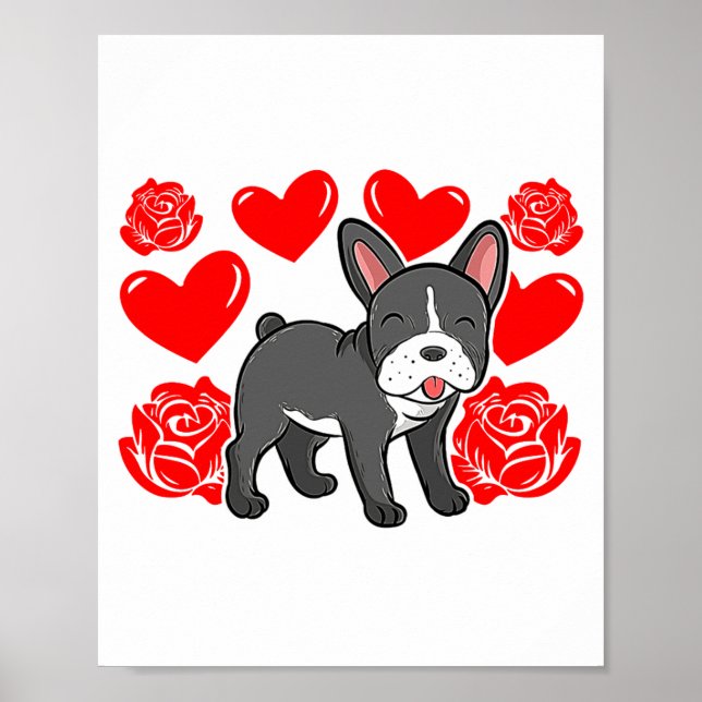 Poster Love Heart Valentines Day Roses French Bulldog Bo  (Frente)