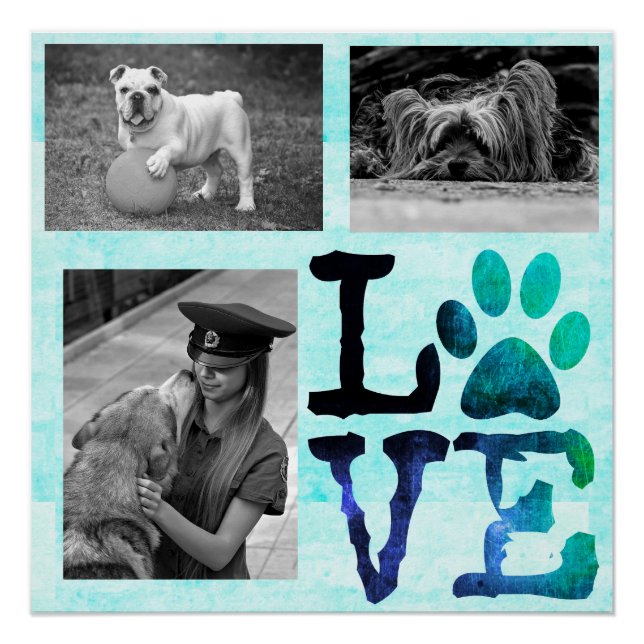 Pôster LOVE, Paw Print Personated Dog Teal Poster (Frente)
