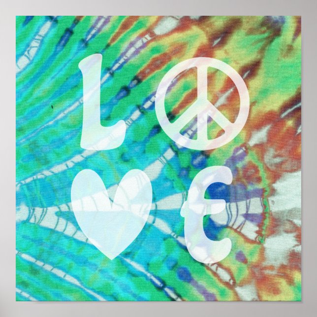 Poster Love Peace Abstrato Hippie Boho Teal Batik Tie Dye (Frente)
