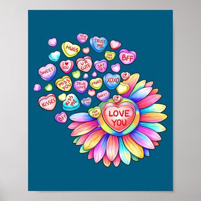 Poster Love Sunflower Hearts Candy Valentines Day Womens  (Frente)