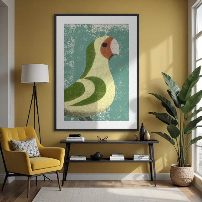 Poster Lovebird Parrot Minimalista Texturizado Amarelo Mo (Minimalist lovebird parrot poster in midcentury modern style. Green and yellow with organic textures)