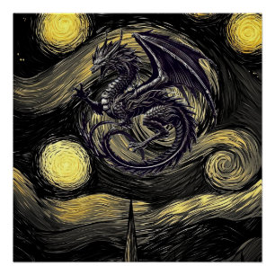 Pôster Lovecraftian Night Sky & Wyvern - Dark Fantasy Art