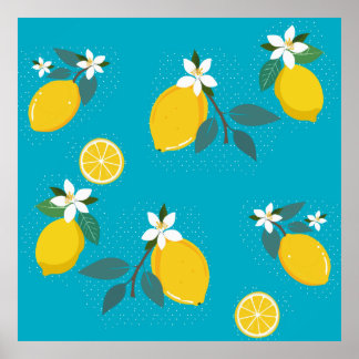Poster lovely lemons yellow lemons, on blue background 