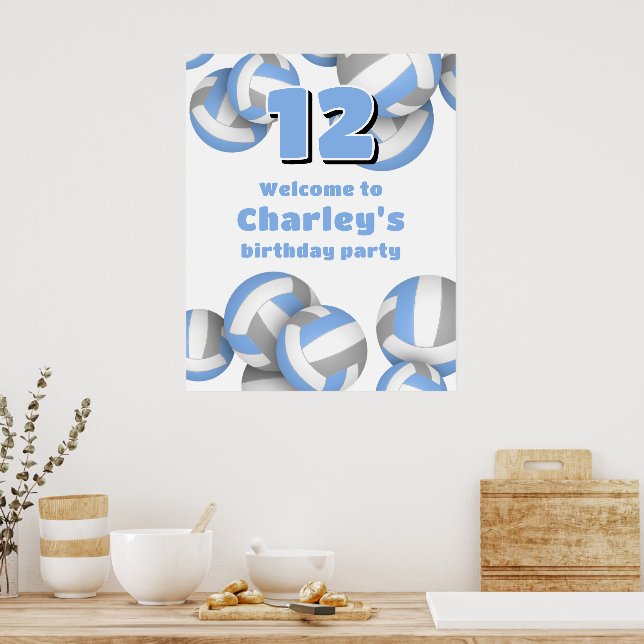Poster lt blue gray volleyballs birthday party welcome (Cozinha)