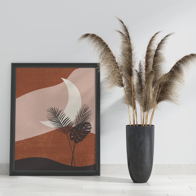 Poster Lua Abstrato Terracotta (Boho Abstract Terracotta Landscape Moon Poster in black frame on the floor next to pampas grass)