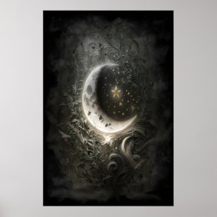 Poster Lua Celestial Estrelas Floral Vintage Tarot Parede