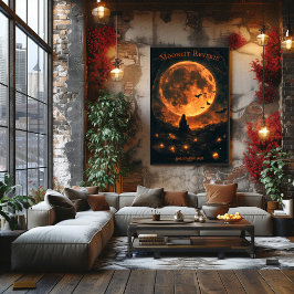 Poster Lua Cheia de Halloween com Morcegos, Velas e Noite