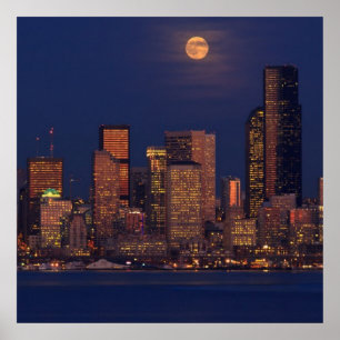 Poster Lua cheia que aumenta sobre a skyline do centro de