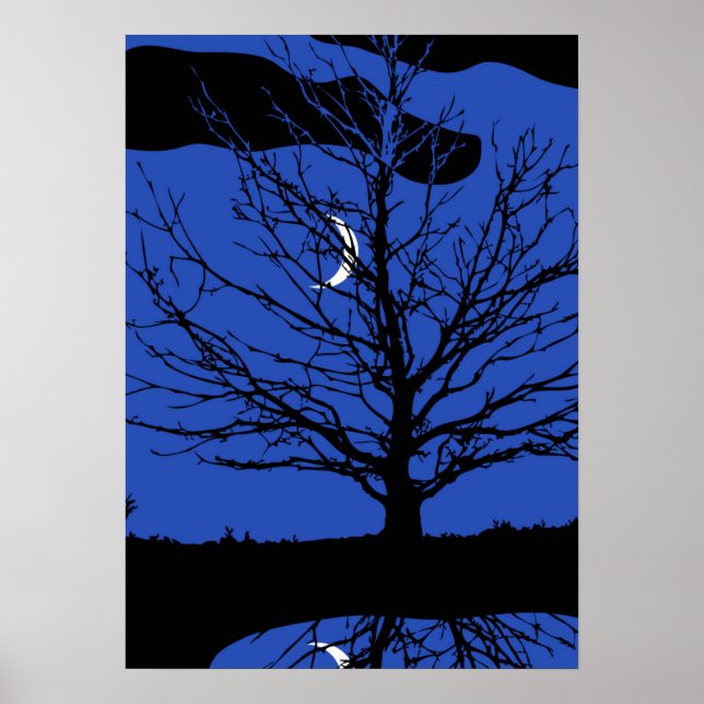 Poster Lua com árvore, azul cobalto, preto e branco (Frente)