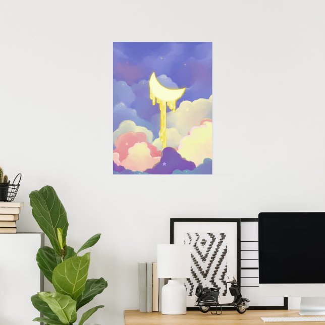 Poster Lua Crescente Derretida Caprichosa Céu Pastel Sonh (Escritório em casa)