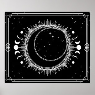 Poster Lua Crescente e Sol com Estrelas Preto e Branco