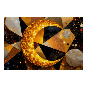 Pôster Lua Crescente ouro com Estrelas Geométricas Cósmic