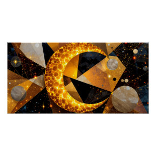 Pôster Lua Crescente ouro com Estrelas Geométricas Cósmic