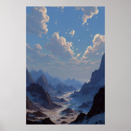 Poster Lua Crescente Sobre Vale de Montanha Nebulosa