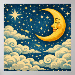 Poster Lua Crescente Vintage Céu Noturno