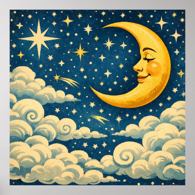 Poster Lua Crescente Vintage Céu Noturno (Frente)