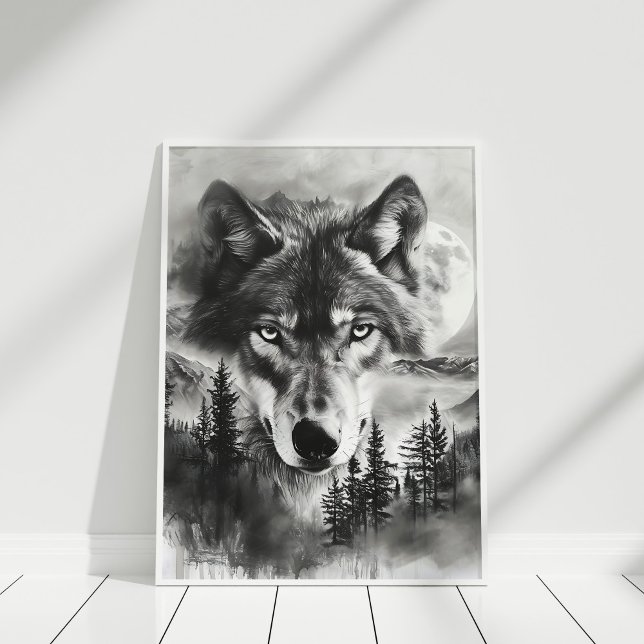 Poster Lua da Montanha do Lobo da Fantasia Negra (Black and White Fantasy Wolf Mountain Moon Poster in white frame on white wooden floor.)