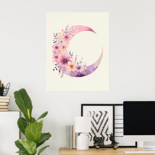 Poster Lua de Crescente Rosa com Flores Bonito