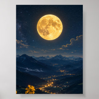 Poster Lua Dourada Sobre a Paisagem Noturna do Vale da Mo