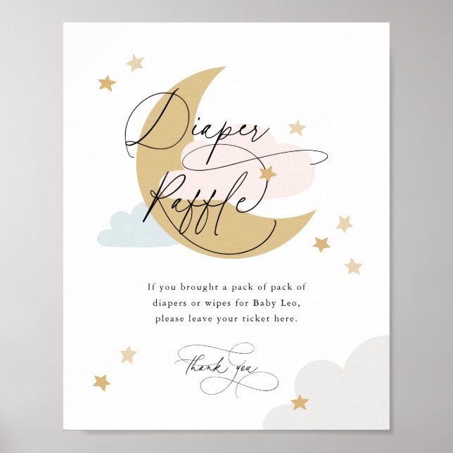 Poster Lua e estrelas Fralda Raffle Sinal cor-de-rosa azu (Frente)