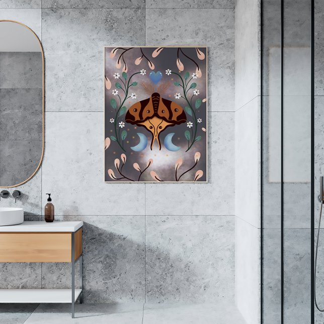 Poster Lua e Lua da Noite Mágica (moth themed wall art in a modern bathroom)