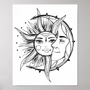 Poster Lua e sol. Ilustração de tatuagem de estilo Vint