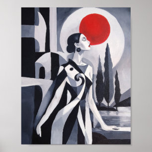 Poster Lua Escarlate: Mulher Estilizada em Paisagem Monoc