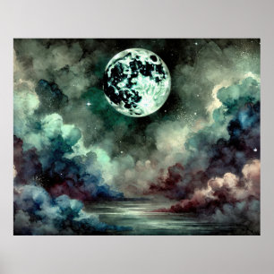 Poster Lua Mística Nuvens Cósmicas em Céu Noturno Sonhado