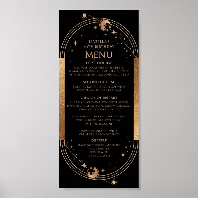 Poster Lua Negra Celestial Dourada Estrelas aniversário d (Frente)